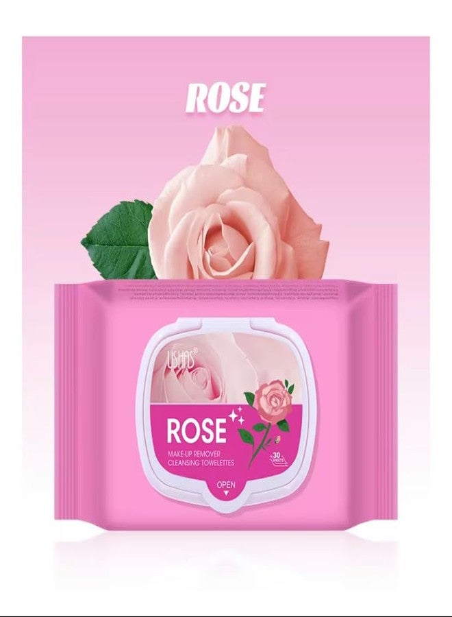 USHAS Makeup Remover Cleansing Towelettes, Vitamin C, Rose and Collagen, 30 Count (Rose) - Image 1